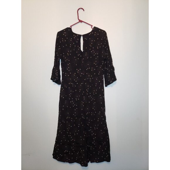 H&M Womens Sz 8 Dress 3/4 Sleeve Flowers Gold Black V Neck A Line Midi Length - Picture 2 of 8